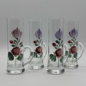 Vtg Set 4 Hand Painted Floral HANDLED SHOT Shooter Glass * See Description*